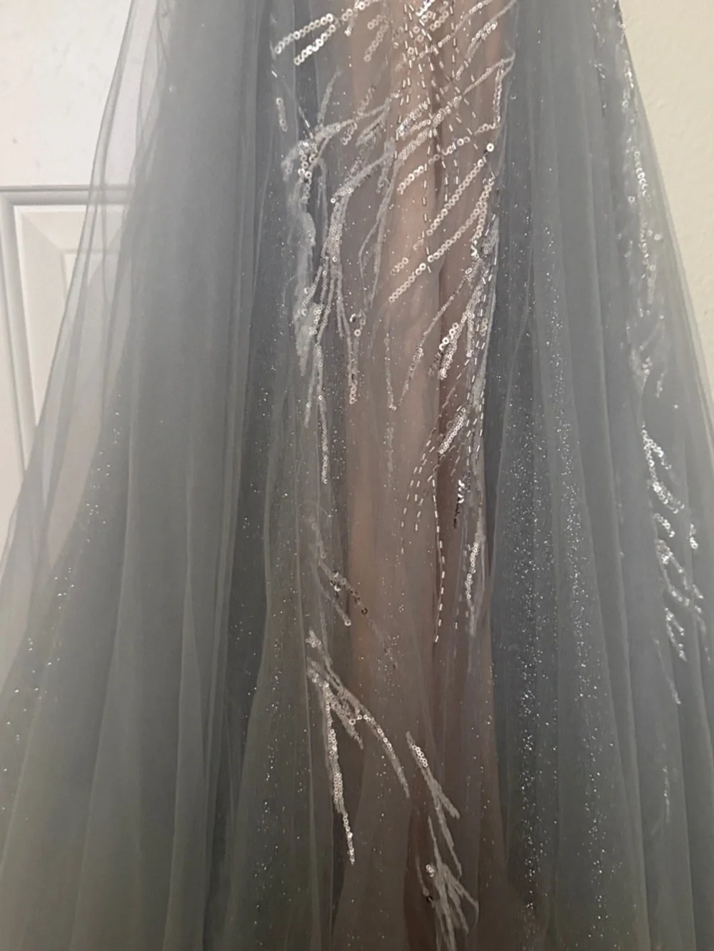 Terani Couture Silver Nude  Sequin Beaded Halter Strap Evening Gown